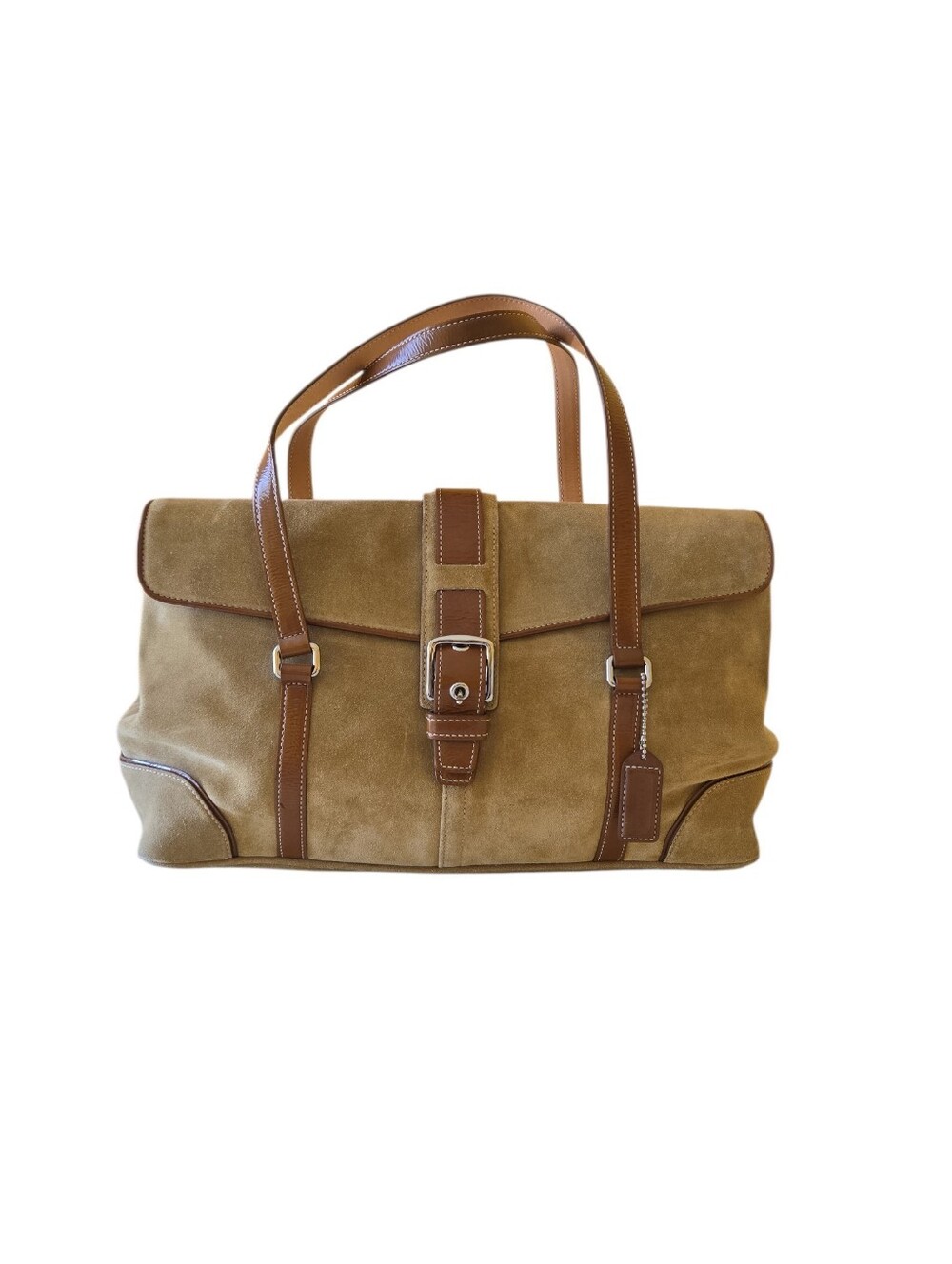 Coach Vintage Tan Brown Shoulder Suede Leather Buckled Flap Small Satchel Bag